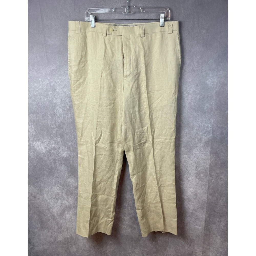 Calvin Klein Pants Mens Size 36 100% Linen Beige Tan Flat Front Chino Trousers